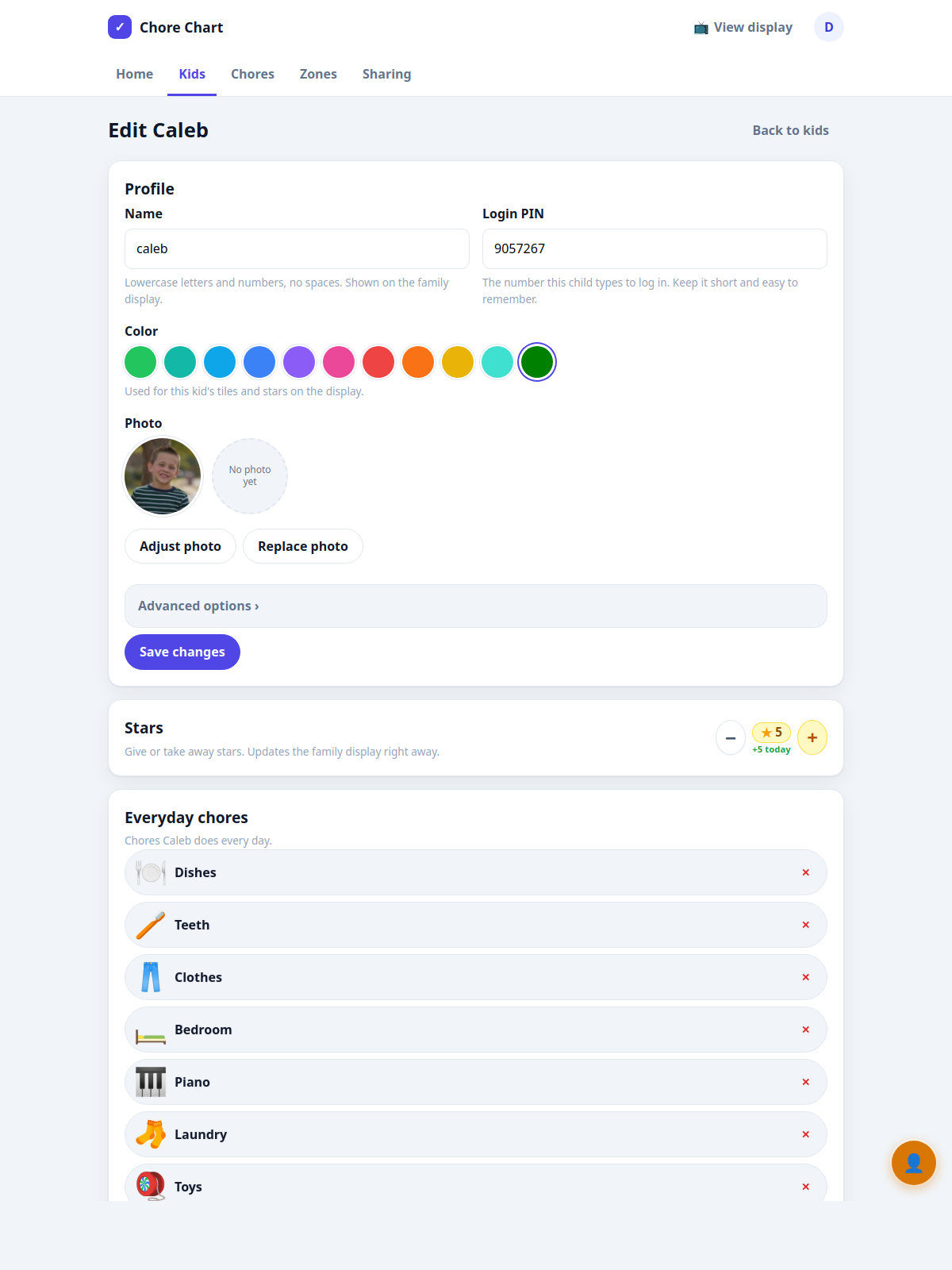 Edit kid screen with photo, chores, and weekly schedule