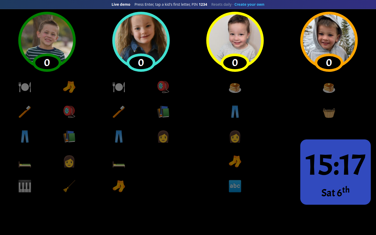 Family dashboard showing four kids with emoji chore icons on a dark screen